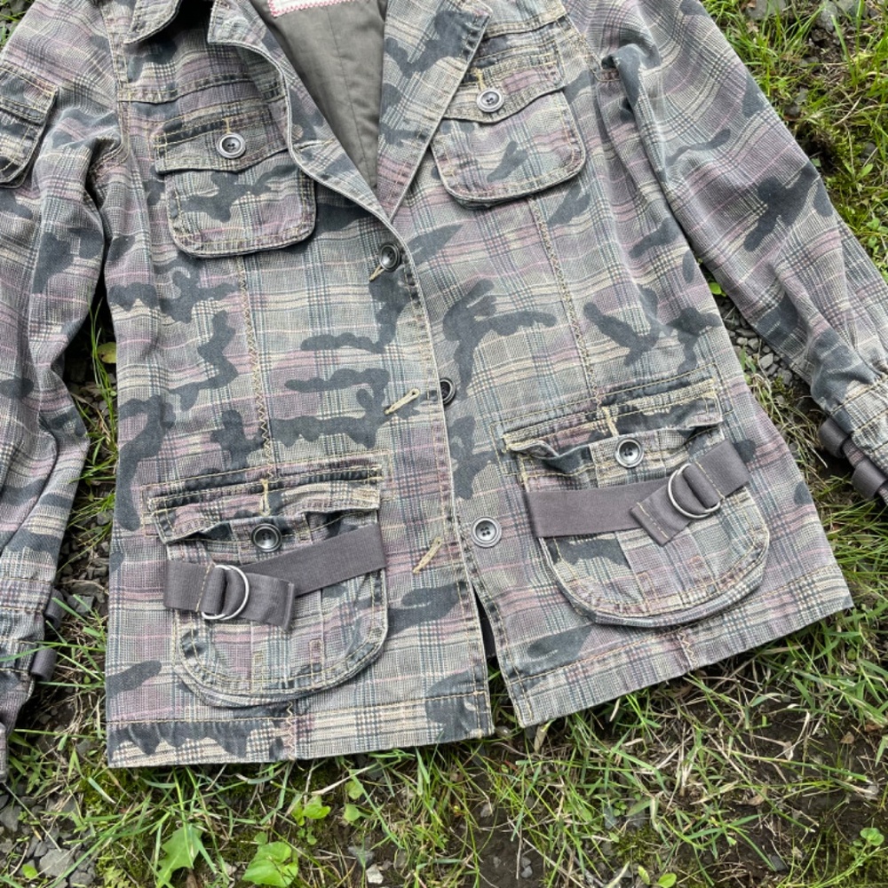 Y2K Camo Plaid Utility Cargo Light Green Jacket - Picture 3 of 6